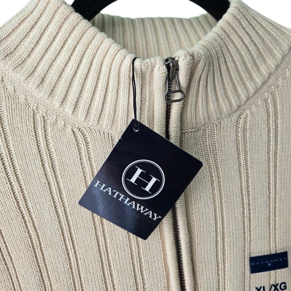 Hathaway Mens XL Quarter Zip Sweater Beige 100% Cotton Ribbed Knit Mock Neck NWT - Picture 7 of 10